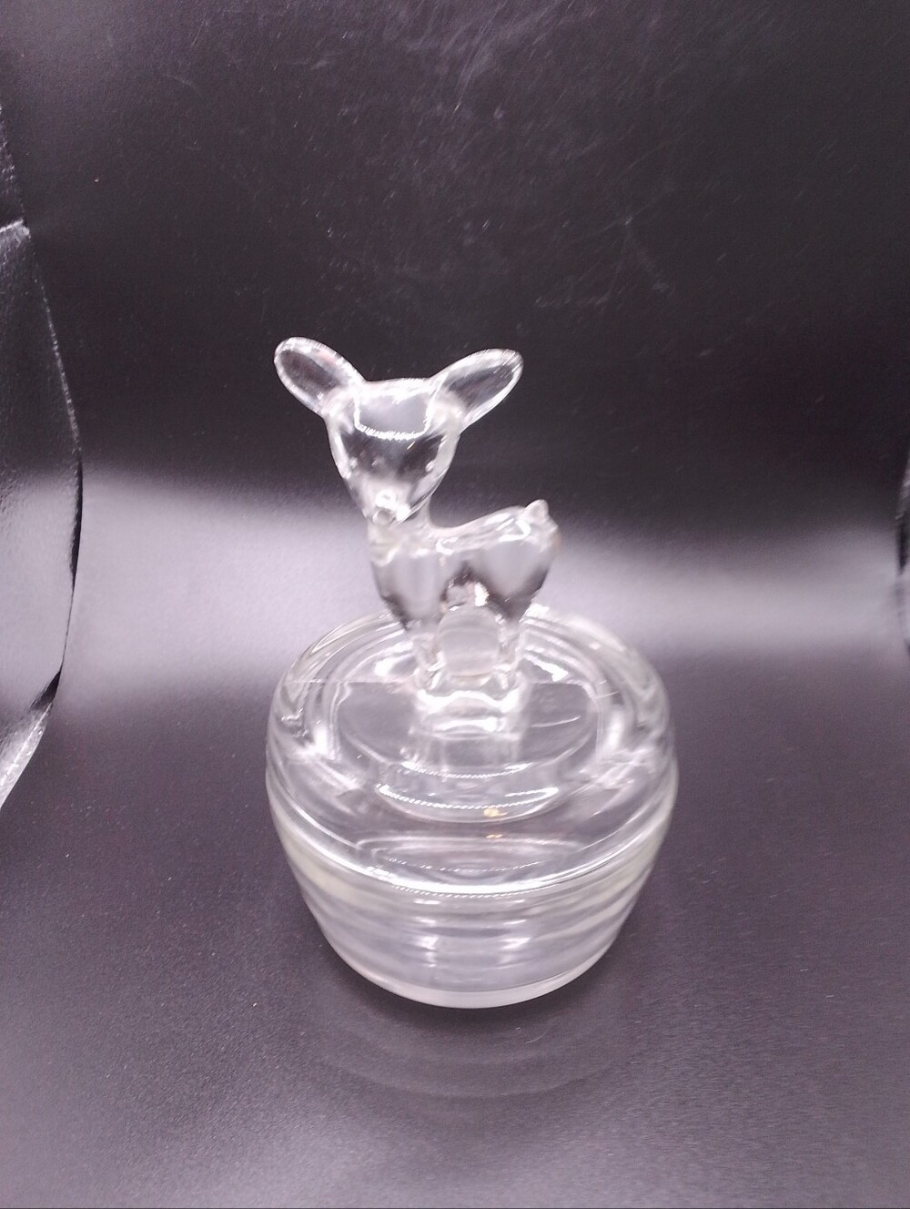Vintage Clear Jeanette Glass Powder Box W Deer On Lid